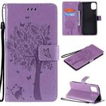 For LG K42 Tree & Cat Pattern Pressed Printing Horizontal Flip PU Leather Case with Holder & Card Slots & Wallet & Lanyard(Light Purple)