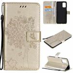 For LG K52 Tree & Cat Pattern Pressed Printing Horizontal Flip PU Leather Case with Holder & Card Slots & Wallet & Lanyard(Gold)