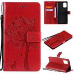For LG K52 Tree & Cat Pattern Pressed Printing Horizontal Flip PU Leather Case with Holder & Card Slots & Wallet & Lanyard(Red)