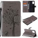 For LG K52 Tree & Cat Pattern Pressed Printing Horizontal Flip PU Leather Case with Holder & Card Slots & Wallet & Lanyard(Grey)