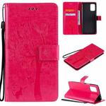 For LG K52 Tree & Cat Pattern Pressed Printing Horizontal Flip PU Leather Case with Holder & Card Slots & Wallet & Lanyard(Rose Red)