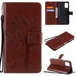 For LG K52 Tree & Cat Pattern Pressed Printing Horizontal Flip PU Leather Case with Holder & Card Slots & Wallet & Lanyard(Coffee)