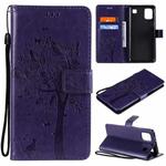 For LG K92 5G Tree & Cat Pattern Pressed Printing Horizontal Flip PU Leather Case with Holder & Card Slots & Wallet & Lanyard(Purple)