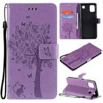 For LG K92 5G Tree & Cat Pattern Pressed Printing Horizontal Flip PU Leather Case with Holder & Card Slots & Wallet & Lanyard(Light Purple)