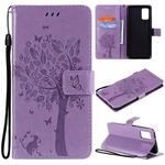 For Samsung Galaxy A02s Tree & Cat Pattern Pressed Printing Horizontal Flip PU Leather Case with Holder & Card Slots & Wallet & Lanyard(Lavender)