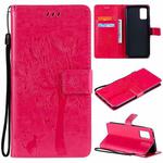For Samsung Galaxy A02s Tree & Cat Pattern Pressed Printing Horizontal Flip PU Leather Case with Holder & Card Slots & Wallet & Lanyard(Rose)