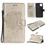 For Samsung Galaxy A12 Tree & Cat Pattern Pressed Printing Horizontal Flip PU Leather Case with Holder & Card Slots & Wallet & Lanyard(Gold)