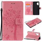 For Samsung Galaxy A32 5G Tree & Cat Pattern Pressed Printing Horizontal Flip PU Leather Case with Holder & Card Slots & Wallet & Lanyard(Pink)