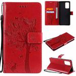 For Samsung Galaxy A72 5G Tree & Cat Pattern Pressed Printing Horizontal Flip PU Leather Case with Holder & Card Slots & Wallet & Lanyard(Red)