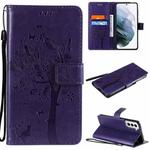 For Samsung Galaxy S21+ 5G Tree & Cat Pattern Pressed Printing Horizontal Flip PU Leather Case with Holder & Card Slots & Wallet & Lanyard(Purple)