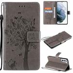 For Samsung Galaxy S21+ 5G Tree & Cat Pattern Pressed Printing Horizontal Flip PU Leather Case with Holder & Card Slots & Wallet & Lanyard(Gray)