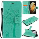 For Samsung Galaxy S21 Ultra 5G Tree & Cat Pattern Pressed Printing Horizontal Flip PU Leather Case with Holder & Card Slots & Wallet & Lanyard(Green)