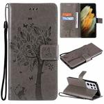 For Samsung Galaxy S21 Ultra 5G Tree & Cat Pattern Pressed Printing Horizontal Flip PU Leather Case with Holder & Card Slots & Wallet & Lanyard(Gray)