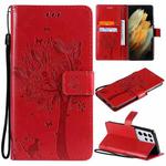 For Samsung Galaxy S21 Ultra 5G Tree & Cat Pattern Pressed Printing Horizontal Flip PU Leather Case with Holder & Card Slots & Wallet & Lanyard(Red)