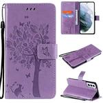 For Samsung Galaxy S21 5G Tree & Cat Pattern Pressed Printing Horizontal Flip PU Leather Case with Holder & Card Slots & Wallet & Lanyard(Lavender)