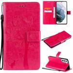 For Samsung Galaxy S21 5G Tree & Cat Pattern Pressed Printing Horizontal Flip PU Leather Case with Holder & Card Slots & Wallet & Lanyard(Rose)