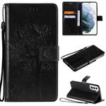 For Samsung Galaxy S21 5G Tree & Cat Pattern Pressed Printing Horizontal Flip PU Leather Case with Holder & Card Slots & Wallet & Lanyard(Black)