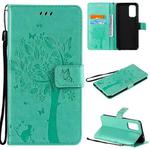 For OPPO Reno5 5G Tree & Cat Pattern Pressed Printing Horizontal Flip PU Leather Case with Holder & Card Slots & Wallet & Lanyard(Green)