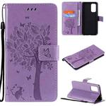 For OPPO Reno5 5G Tree & Cat Pattern Pressed Printing Horizontal Flip PU Leather Case with Holder & Card Slots & Wallet & Lanyard(Light Purple)