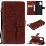For OPPO Reno5 5G Tree & Cat Pattern Pressed Printing Horizontal Flip PU Leather Case with Holder & Card Slots & Wallet & Lanyard(Coffee)