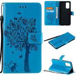 For OPPO Reno5 5G Tree & Cat Pattern Pressed Printing Horizontal Flip PU Leather Case with Holder & Card Slots & Wallet & Lanyard(Blue)