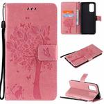 For OPPO Reno5 5G Tree & Cat Pattern Pressed Printing Horizontal Flip PU Leather Case with Holder & Card Slots & Wallet & Lanyard(Pink)