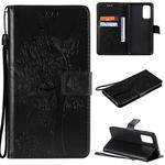 For OPPO Reno5 5G Tree & Cat Pattern Pressed Printing Horizontal Flip PU Leather Case with Holder & Card Slots & Wallet & Lanyard(Black)