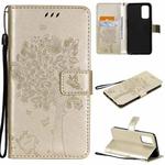 For OPPO Reno5 5G Tree & Cat Pattern Pressed Printing Horizontal Flip PU Leather Case with Holder & Card Slots & Wallet & Lanyard(Gold)