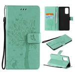 For OPPO Reno5 Pro 5G Tree & Cat Pattern Pressed Printing Horizontal Flip PU Leather Case with Holder & Card Slots & Wallet & Lanyard(Green)