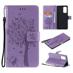 For OPPO Reno5 Pro 5G Tree & Cat Pattern Pressed Printing Horizontal Flip PU Leather Case with Holder & Card Slots & Wallet & Lanyard(Light Purple)