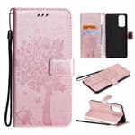 For OPPO Reno5 Pro 5G Tree & Cat Pattern Pressed Printing Horizontal Flip PU Leather Case with Holder & Card Slots & Wallet & Lanyard(Rose Gold)