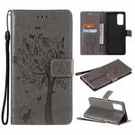 For OPPO Reno5 Pro 5G Tree & Cat Pattern Pressed Printing Horizontal Flip PU Leather Case with Holder & Card Slots & Wallet & Lanyard(Gray)