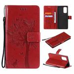 For OPPO Reno5 Pro 5G Tree & Cat Pattern Pressed Printing Horizontal Flip PU Leather Case with Holder & Card Slots & Wallet & Lanyard(Red)