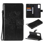 For OPPO Reno5 Pro 5G Tree & Cat Pattern Pressed Printing Horizontal Flip PU Leather Case with Holder & Card Slots & Wallet & Lanyard(Black)