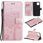 For OPPO A73 5G Tree & Cat Pattern Pressed Printing Horizontal Flip PU Leather Case with Holder & Card Slots & Wallet & Lanyard(Rose Gold)
