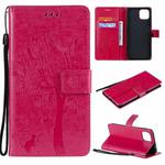 For OPPO A73 5G Tree & Cat Pattern Pressed Printing Horizontal Flip PU Leather Case with Holder & Card Slots & Wallet & Lanyard(Rose Red)