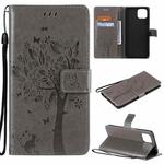 For OPPO A73 5G Tree & Cat Pattern Pressed Printing Horizontal Flip PU Leather Case with Holder & Card Slots & Wallet & Lanyard(Gray)