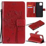 For OPPO A73 5G Tree & Cat Pattern Pressed Printing Horizontal Flip PU Leather Case with Holder & Card Slots & Wallet & Lanyard(Red)