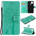 For OPPO A15 Tree & Cat Pattern Pressed Printing Horizontal Flip PU Leather Case with Holder & Card Slots & Wallet & Lanyard(Green)