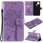 For OPPO A15 Tree & Cat Pattern Pressed Printing Horizontal Flip PU Leather Case with Holder & Card Slots & Wallet & Lanyard(Light Purple)