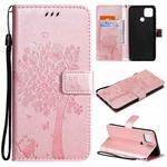 For OPPO A15 Tree & Cat Pattern Pressed Printing Horizontal Flip PU Leather Case with Holder & Card Slots & Wallet & Lanyard(Rose Gold)