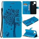 For OPPO A15 Tree & Cat Pattern Pressed Printing Horizontal Flip PU Leather Case with Holder & Card Slots & Wallet & Lanyard(Blue)