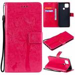 For OPPO A15 Tree & Cat Pattern Pressed Printing Horizontal Flip PU Leather Case with Holder & Card Slots & Wallet & Lanyard(Rose Red)