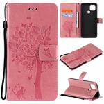 For OPPO A15 Tree & Cat Pattern Pressed Printing Horizontal Flip PU Leather Case with Holder & Card Slots & Wallet & Lanyard(Pink)