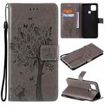 For OPPO A15 Tree & Cat Pattern Pressed Printing Horizontal Flip PU Leather Case with Holder & Card Slots & Wallet & Lanyard(Gray)