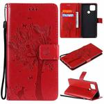 For OPPO A15 Tree & Cat Pattern Pressed Printing Horizontal Flip PU Leather Case with Holder & Card Slots & Wallet & Lanyard(Red)
