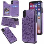 For iPhone X / XS Flower Embossing Pattern Shockproof Protective Case with Holder & Card Slots & Photo Frame(Purple)