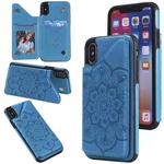 For iPhone X / XS Flower Embossing Pattern Shockproof Protective Case with Holder & Card Slots & Photo Frame(Blue)