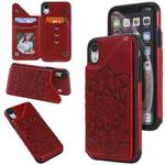 For iPhone XR Flower Embossing Pattern Shockproof Protective Case with Holder & Card Slots & Photo Frame(Red)