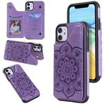 For iPhone 11 Flower Embossing Pattern Shockproof Protective Case with Holder & Card Slots & Photo Frame (Purple)